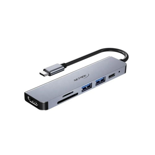 NETMAK HUB TIPO C (M) A DOBLE PURTO USB 3.0+TIPO C (H)+LECTOR SD Y MICRO+HDMI (H) (NM-6EN1)