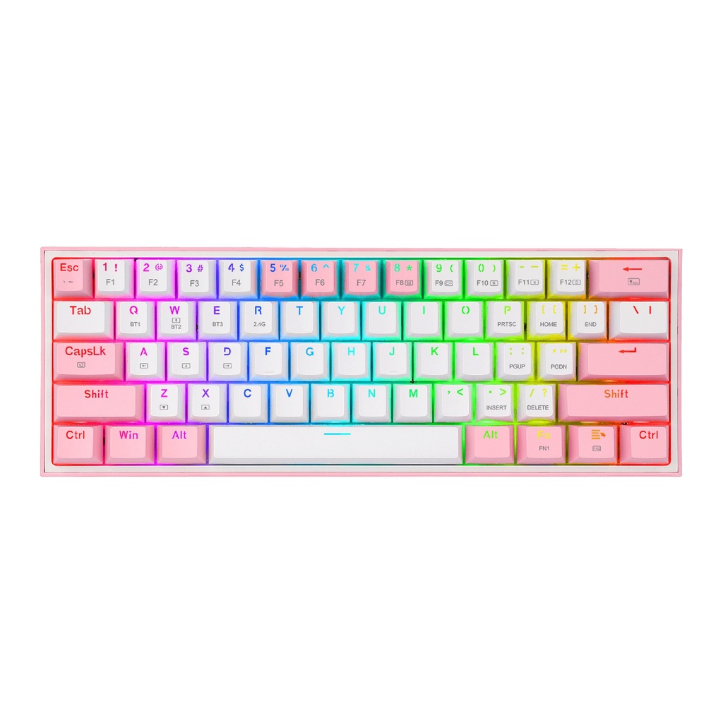 Teclado REDRAGON K616 FIZZ PRO WHITE-PINCK TIPO WIRELESS Y USB RGB SWICH RED MECANICO LATINO (K616-RGB) (6950376714374)