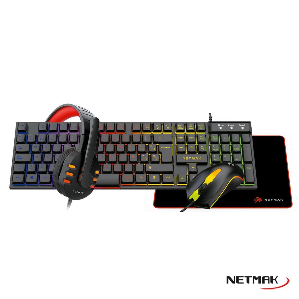 NETMAK KIT GAMER TECLADO MOUSE AURICULAR Y PAD 4 EN 1 (NM-GC479)